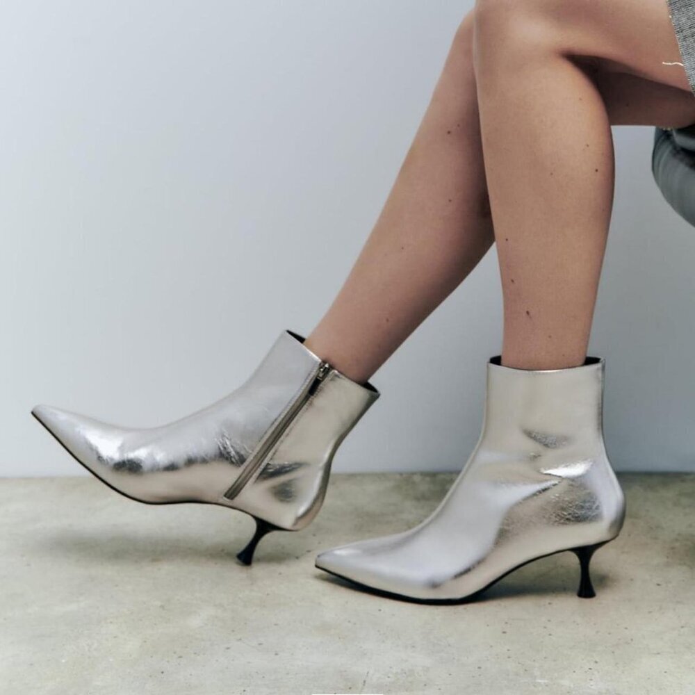 Zara Silver Metallic Kitten Heel Ankle Boots Date Night Clubbing EU 37/US 6 - Picture 2 of 14